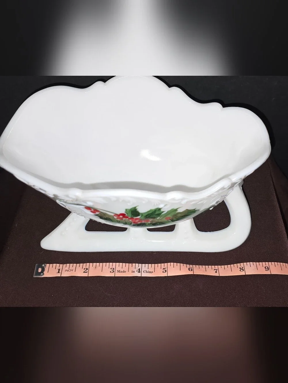Westmoreland Glass Company hand-painted holly milk glass sleigh